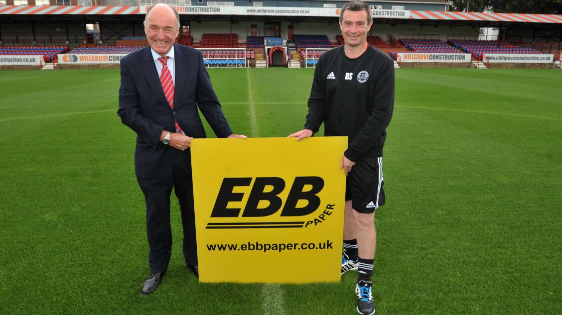 Aldershot FC, High Street, Aldershot. Signing of a new five year sponsorship deal. Tim Elliott (L) and Barry Smith