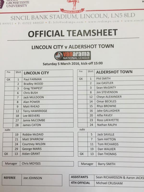 Linc A team sheet