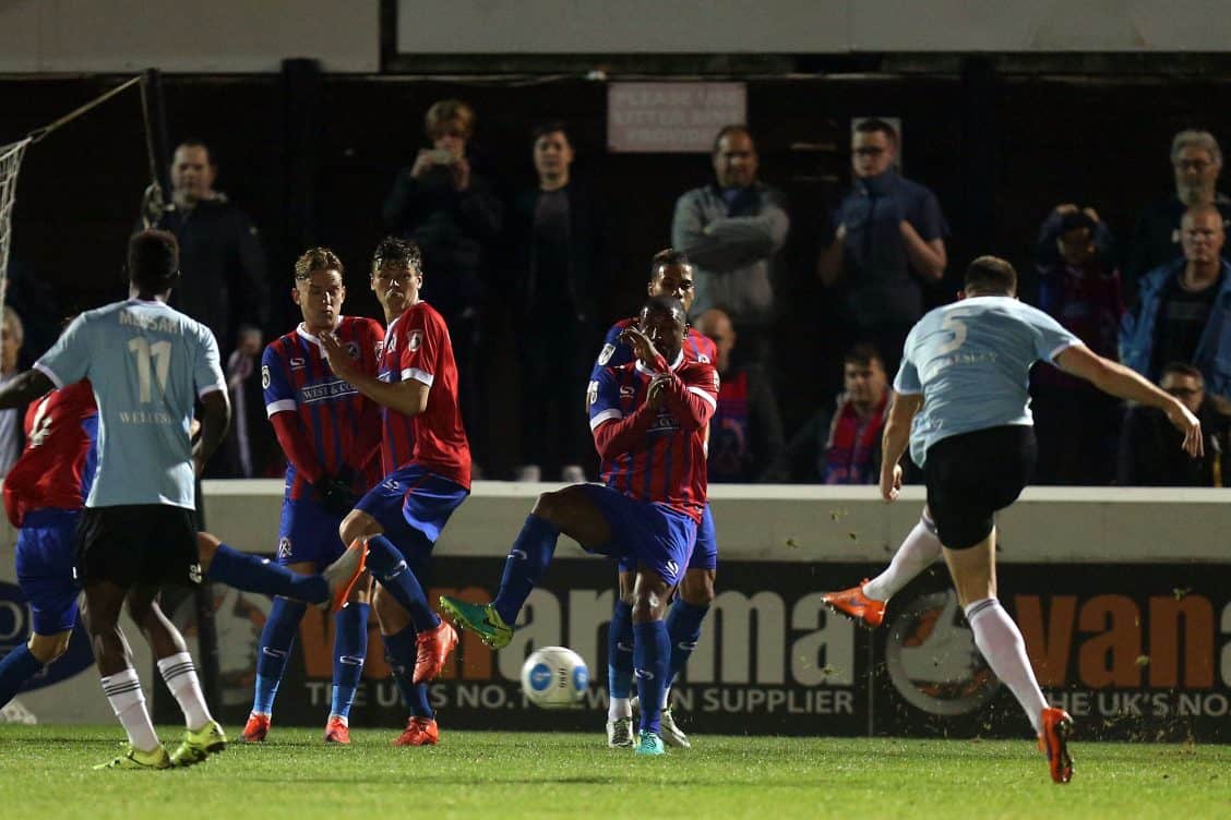 Will Evans of Aldershot Town drives the ball goal wards during Dagenham & Redbridge vs Aldershot Town, Vanarama National League Football at the Chigwell Construction Stadium on 25th October 2016