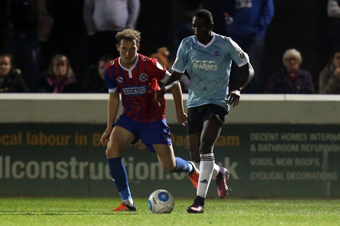 Idris Kanu of Aldershot Town and Josh Staunton of Dagenham during Dagenham & Redbridge vs Aldershot Town, Vanarama National League Football at the Chigwell Construction Stadium on 25th October 2016