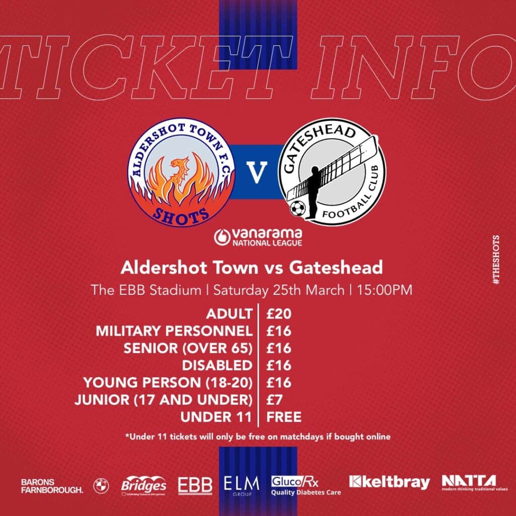 TICKET INFO Shots v Gateshead Aldershot Town FC